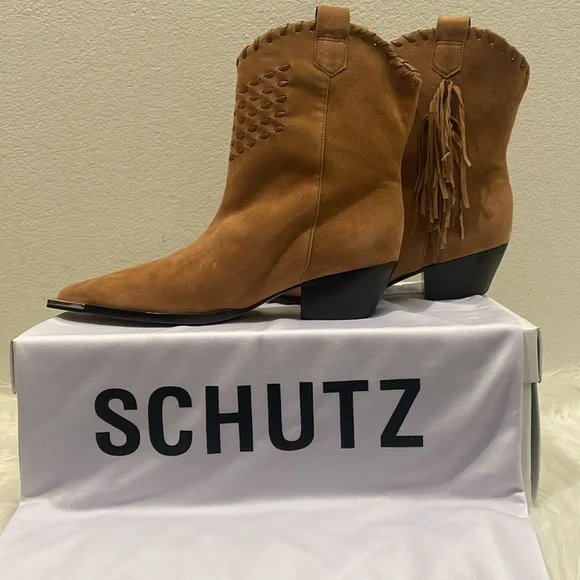 Schutz  Alexxa  Western Fringe Suede Cowboy Boots Brown Size 7.5 NWT - Picture 13 of 15